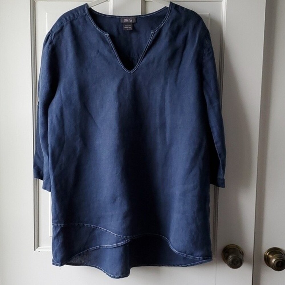 AMICI NAVY BLUE LINEN TOP BLOUSE SIZE SMALL ASYMMETRICAL COASTAL LAGENLOOK BEACH